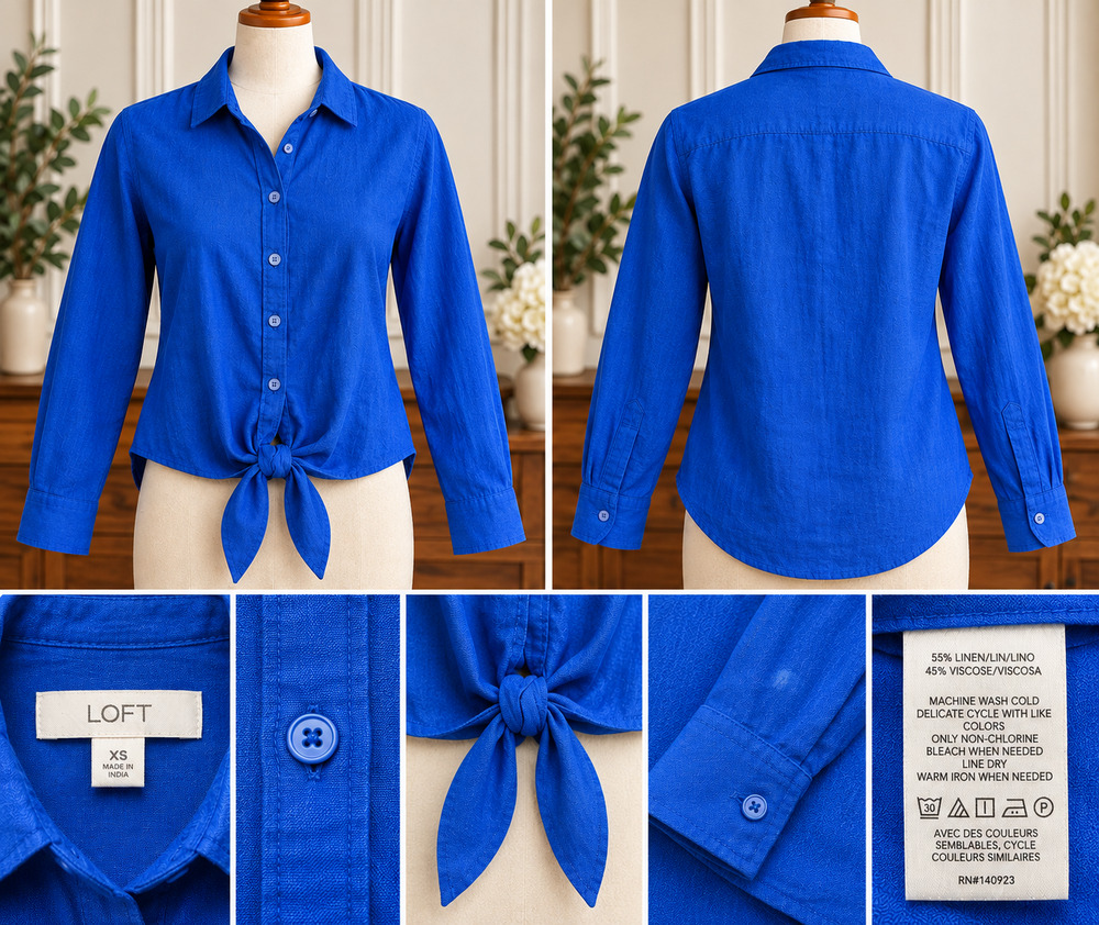 LOFT XS Cobalt Blue Linen Blend Tie Front Coastal Preppy Twee Old Money Luxury